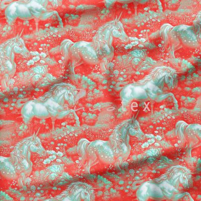 Kinderstoffe, Baumwolle, Jersey, Einhorn, rot